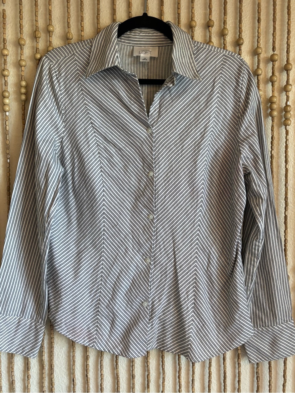 Ann Taylor LOFT White Black Striped Corporate Goth Minimalist Button Down Blouse